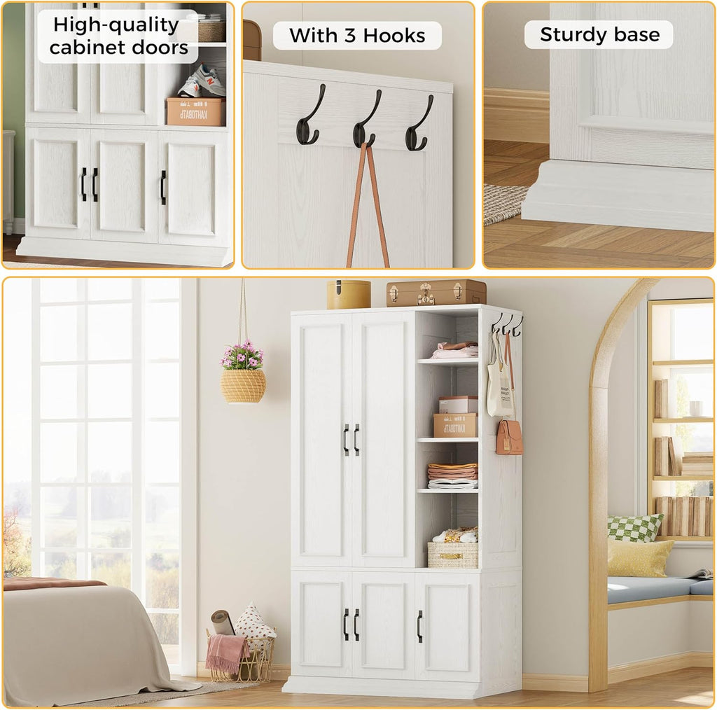 Armoire Wardrobe Closet 70" H, 5 Doors , White | Wooden Wardrobe with 4 Storage Shelves and Hanging Rod, Clothing