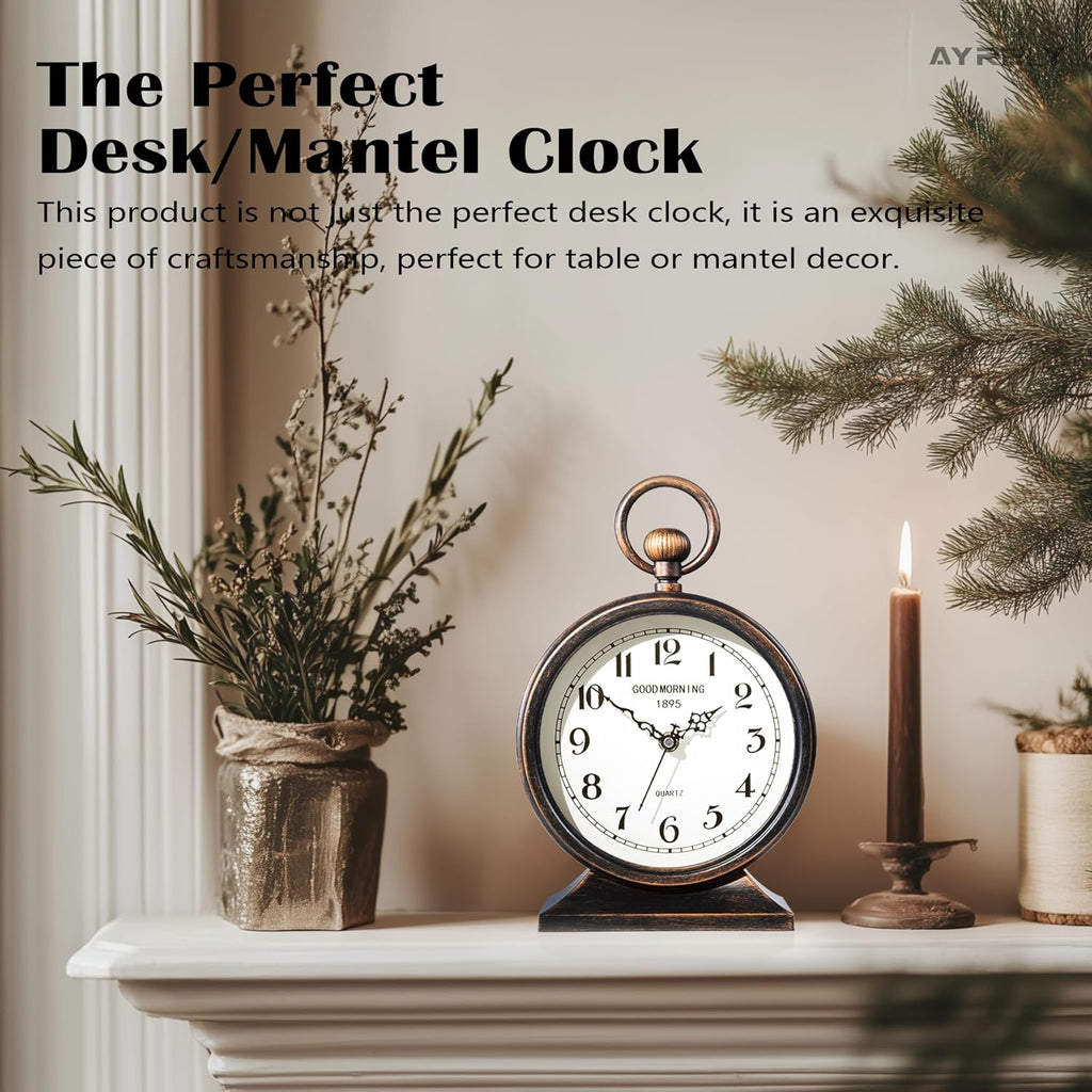 7-Inch Vintage Mantel Clock with Handle,Antique Metal Desk Clocks Battery Operated,Retro Table Clock for