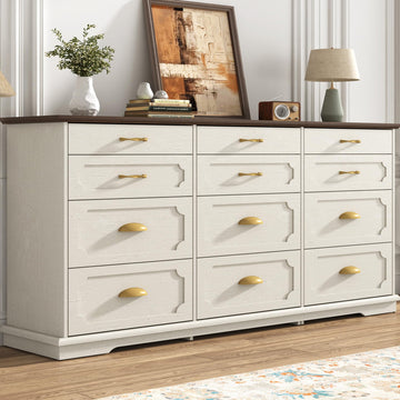70inch Large Long w/Charging Station, 12 Drawer w/Deep Big Drawers, Wooden Chest of Drawers w/Power Outlet, White