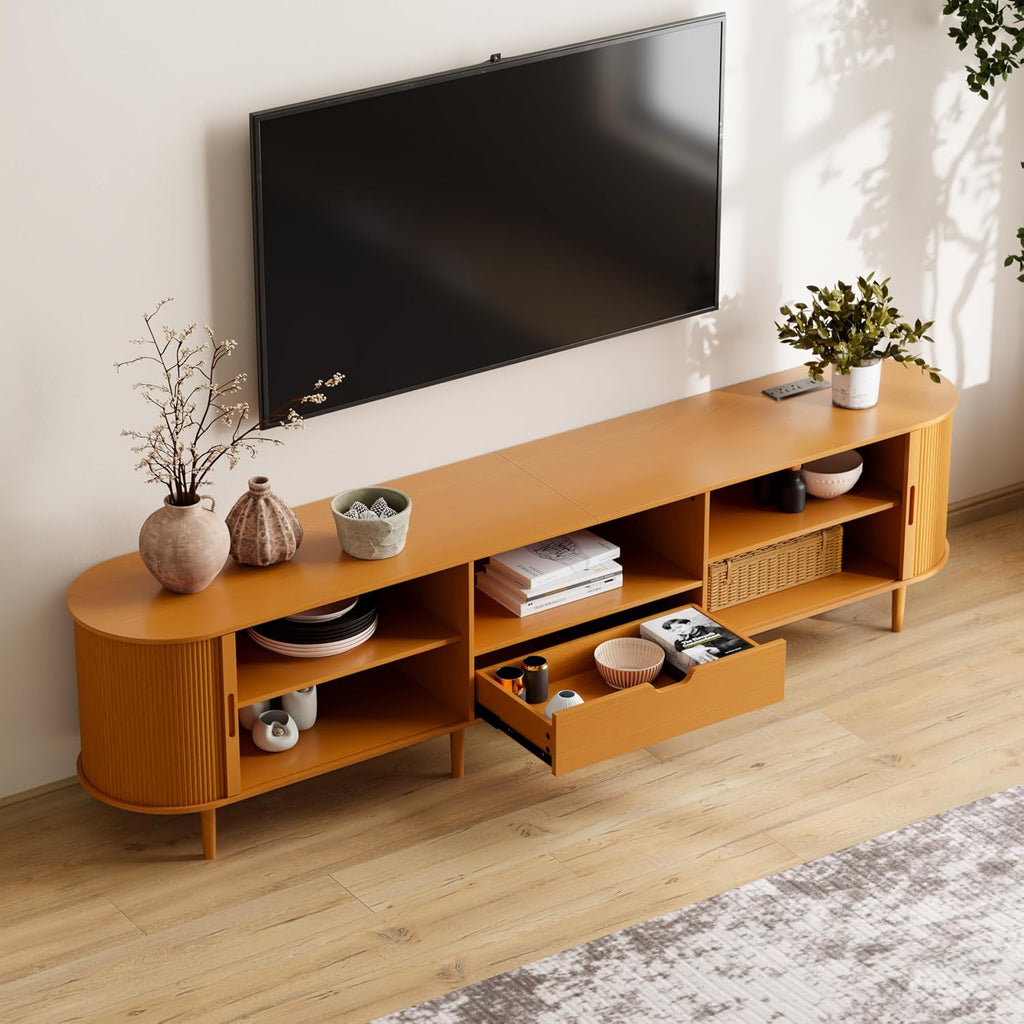 86.6" Fluted TV Stand with Power Outlet for TVs up to 90", TV Console with Adjustable Shelves and Sliding Door,Mid