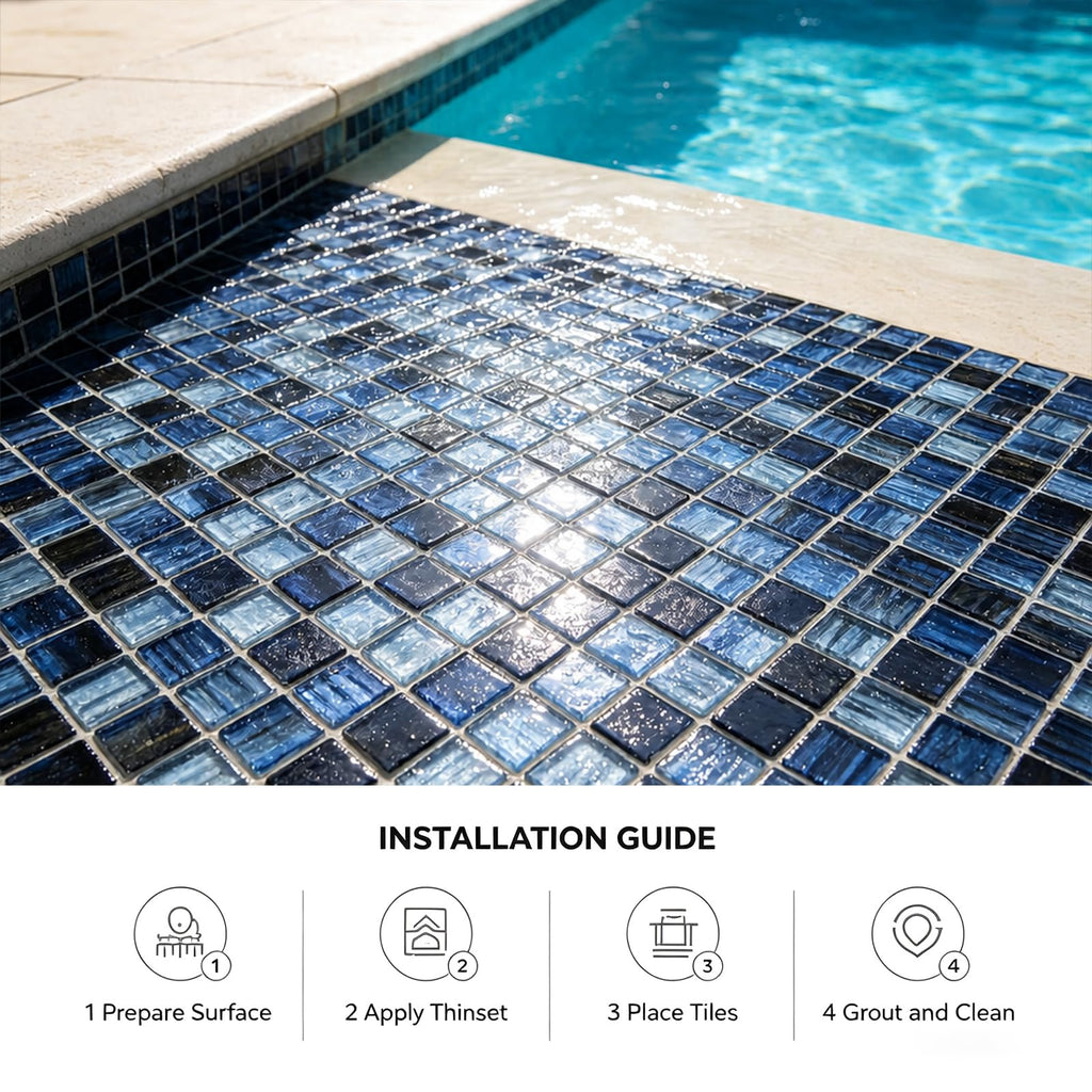 Glass Mosaic Tile Backsplash, 12" x 12" Dark Blue Square Glass Tile
