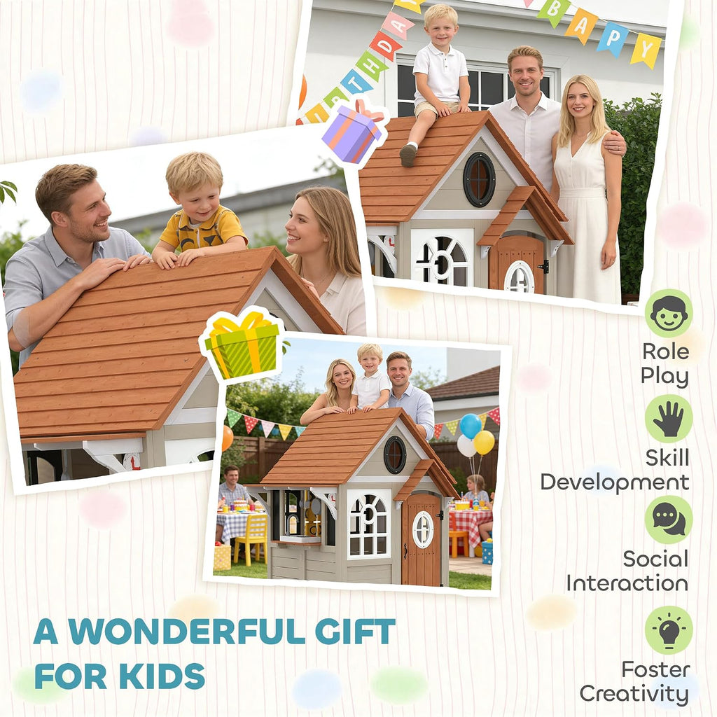 Outdoor Playhouse Wooden Kids Playhouse with Dog Door Ages 2+ Gray | Kids Cottage, Cookware, Blackboard, Clock