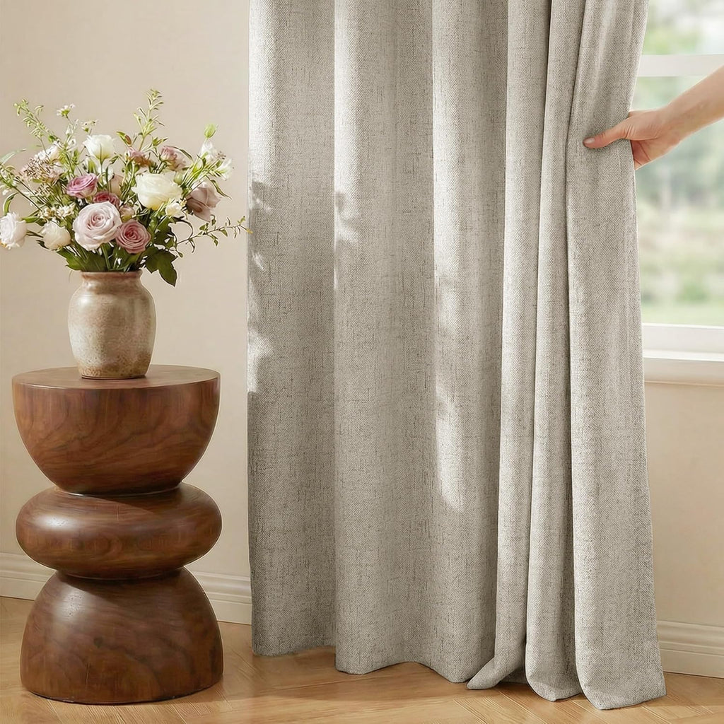 100% Blackout Linen Beige Curtains 96 inches Long, White Liner Composite Grommet Thermal Drapes Casual Home Decor