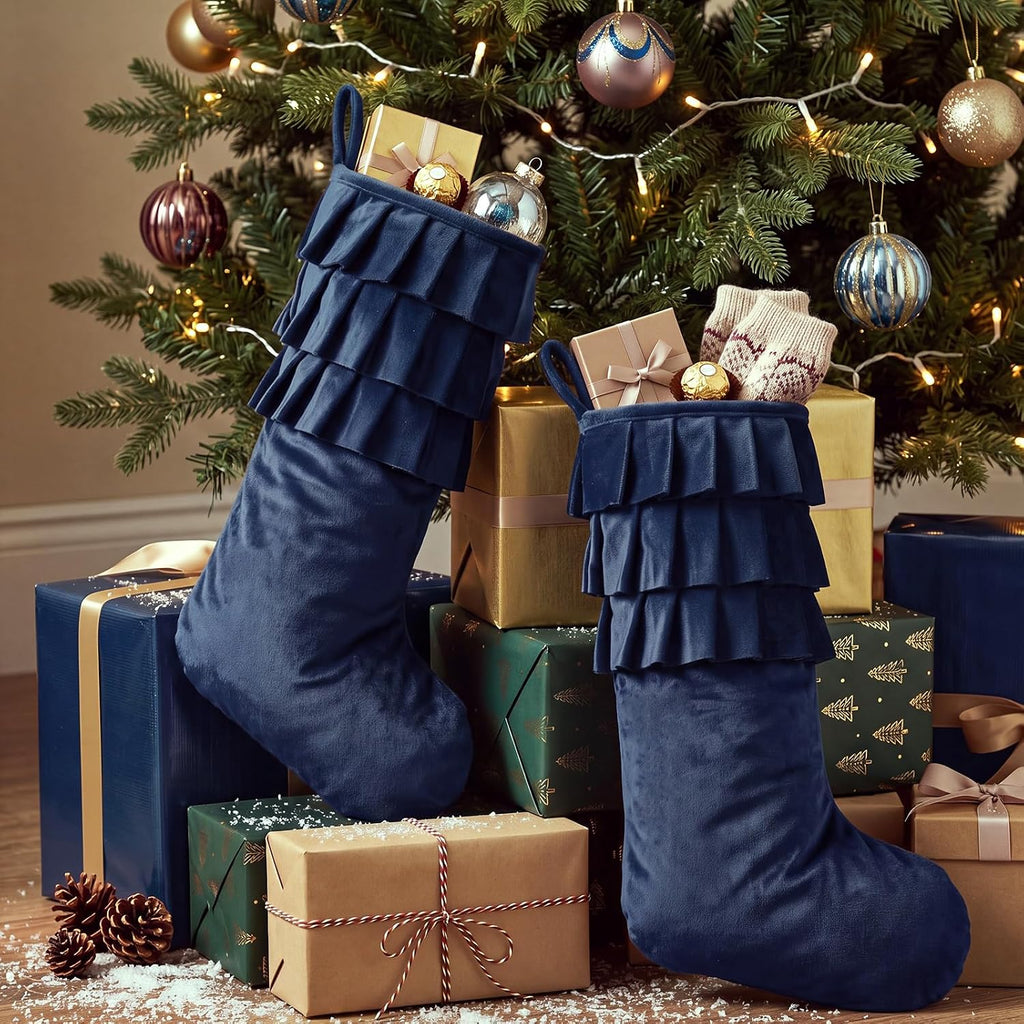Navy Blue Velvet Christmas Stockings 18" Ruffle - Set of 2