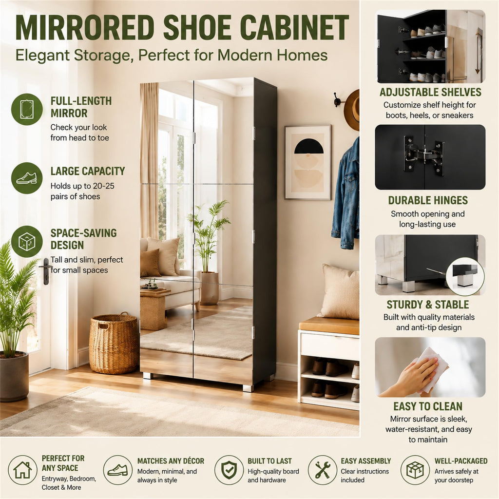 Mirror Shoe Cabinet with Full Length 6 Mirrored-Door Shoe Storage Cabinet