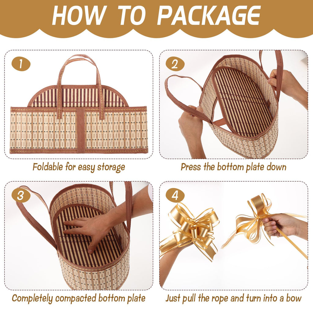 4 Set Baskets for Gifts Empty, Large Gift Empty Bamboo Basket Foldable Woven Gift Basket with Handle Empty Gift