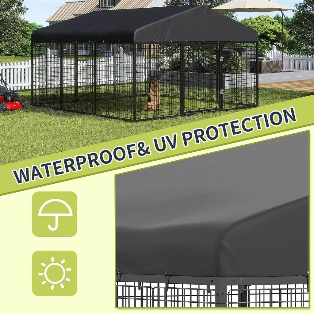 118" x 118" Outdoor Dog Kennel Steel Ideal Dog Fence for Medium/Small Dogs Anti-Rust Coating Cage with Roof All