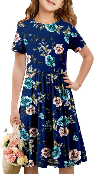 Girls Short Sleeve Dress Casual A Line Twirly Skater Dresses