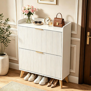 Slim Shoe Storage Cabinet, 2 Flip Drawers Wood Shoe Organizer with Fluted Panel, Secure Fence Top for Plants &