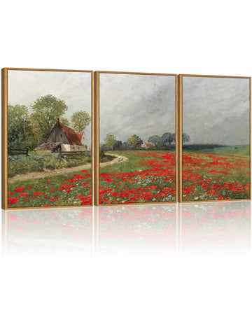16x24in Vintage Country Poppies Meadow Framed Wall Art Set of 3