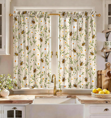 Bee Kitchen Tier Curtains - 45 Inch Length Linen Blend Country Cafe Curtains Farmhouse Small Window Treatments Over