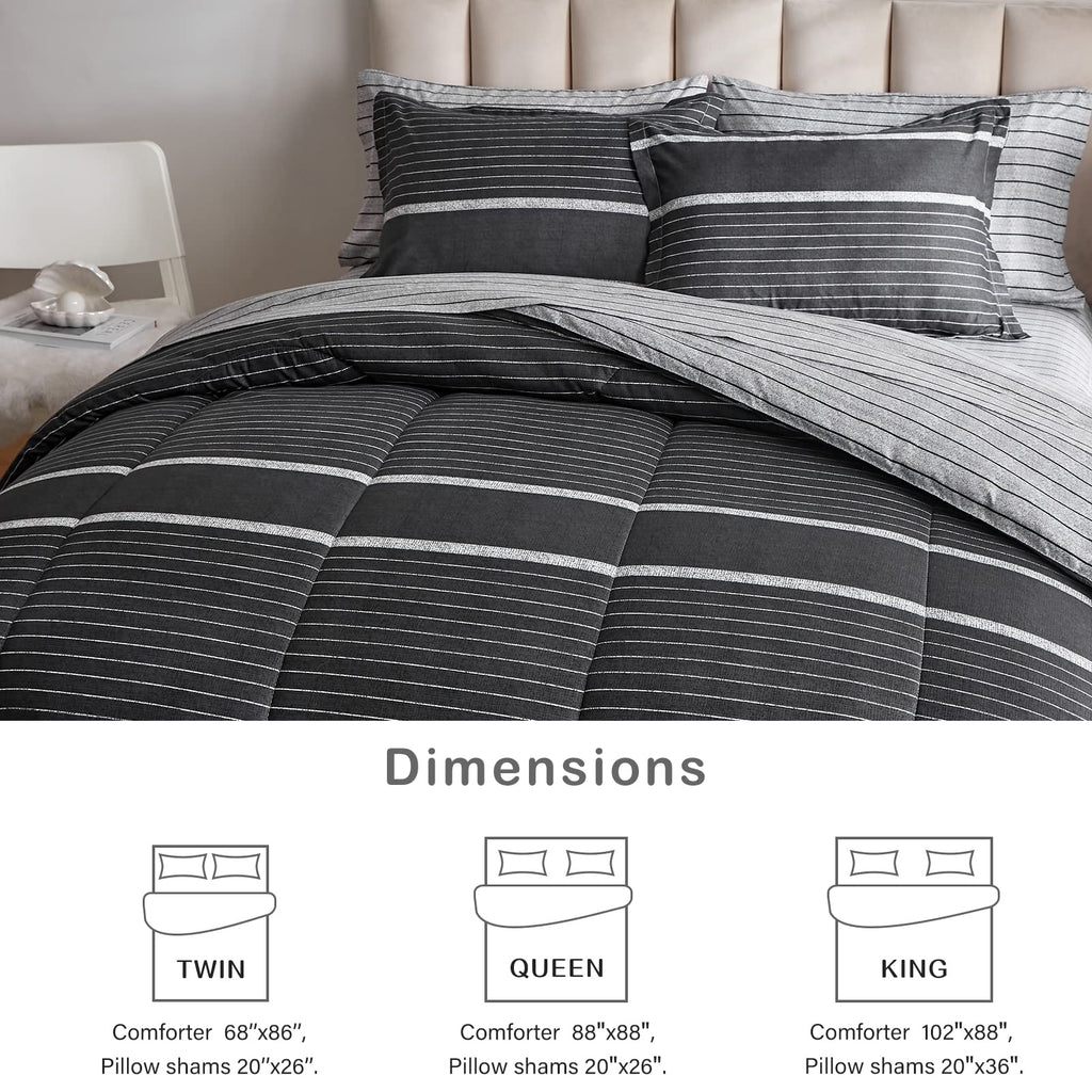 3 Pcs Boho Striped Comforter Set Full Full/Queen Size, White Striped on Black Dark Grey Soft Microfiber Reversible