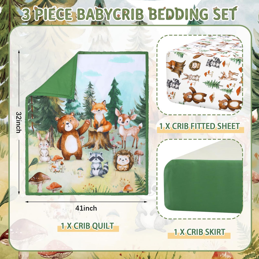 3 Pcs Woodland Animal Crib Sheet Set Baby Crib Bedding Set Includes 52"x28" Fitted Sheet, Quilt, Bed Skirt for