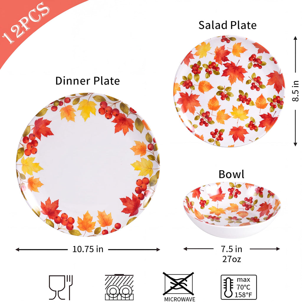 12-Piece Melamine Dinnerware Set, Fall Plates and Bowls Set