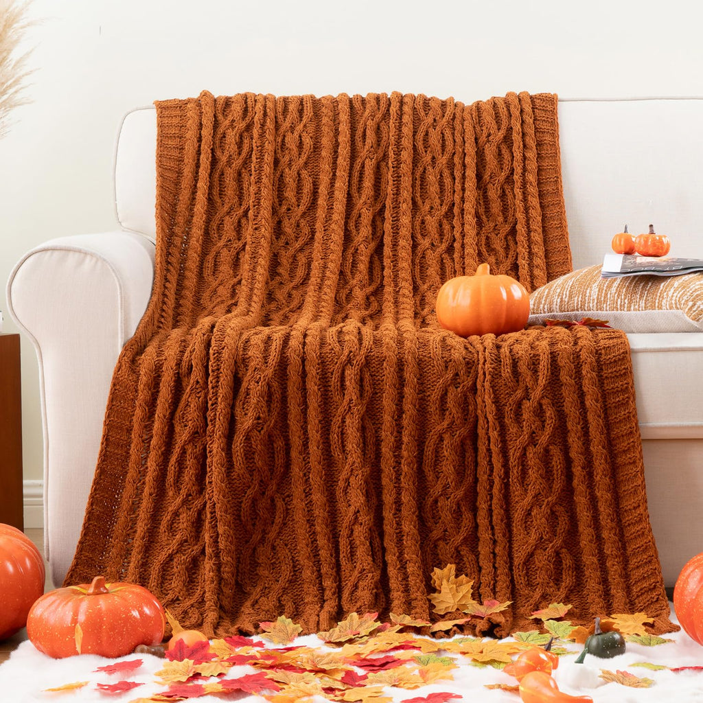 Rust Orange Throw Blanket for Couch, 51" x 67", Cable Knit Blanket