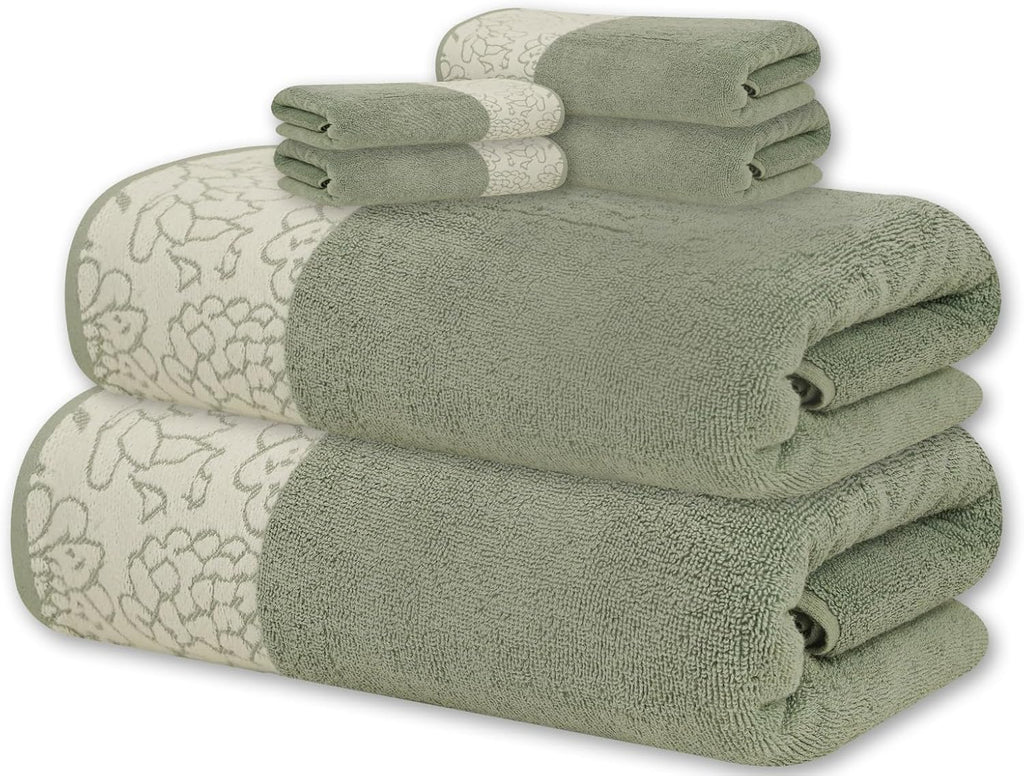 6-Piece Jacquard Bath Towel Set - 100% Cotton 600 GSM Luxury Towels - Soft, Absorbent & Quick Dry - Bath Towels, Hand