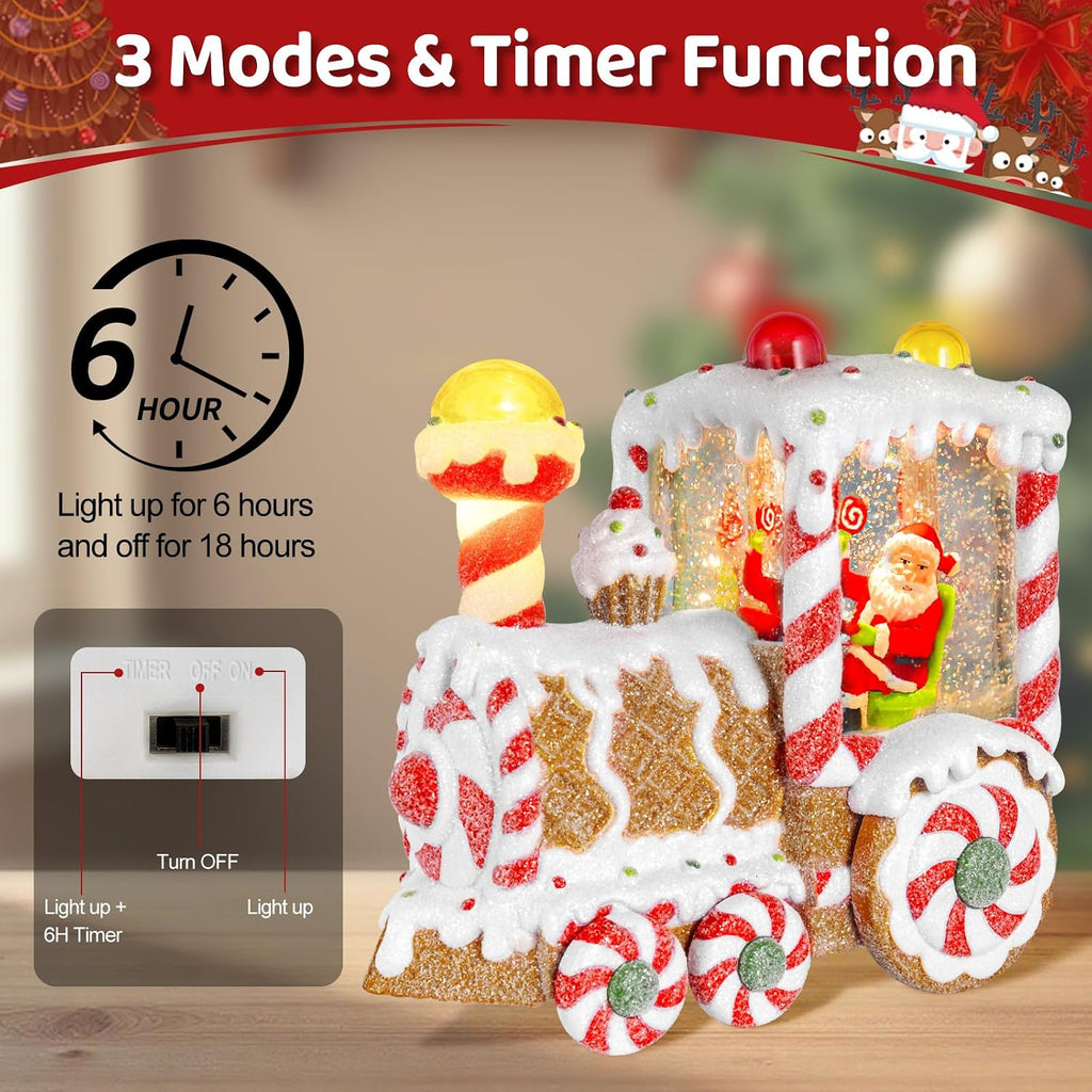 Christmas Snow Globes Dessert Train Water Glittering Lantern with 6H Timer Function Santa Snow Globe Christmas 3 AA