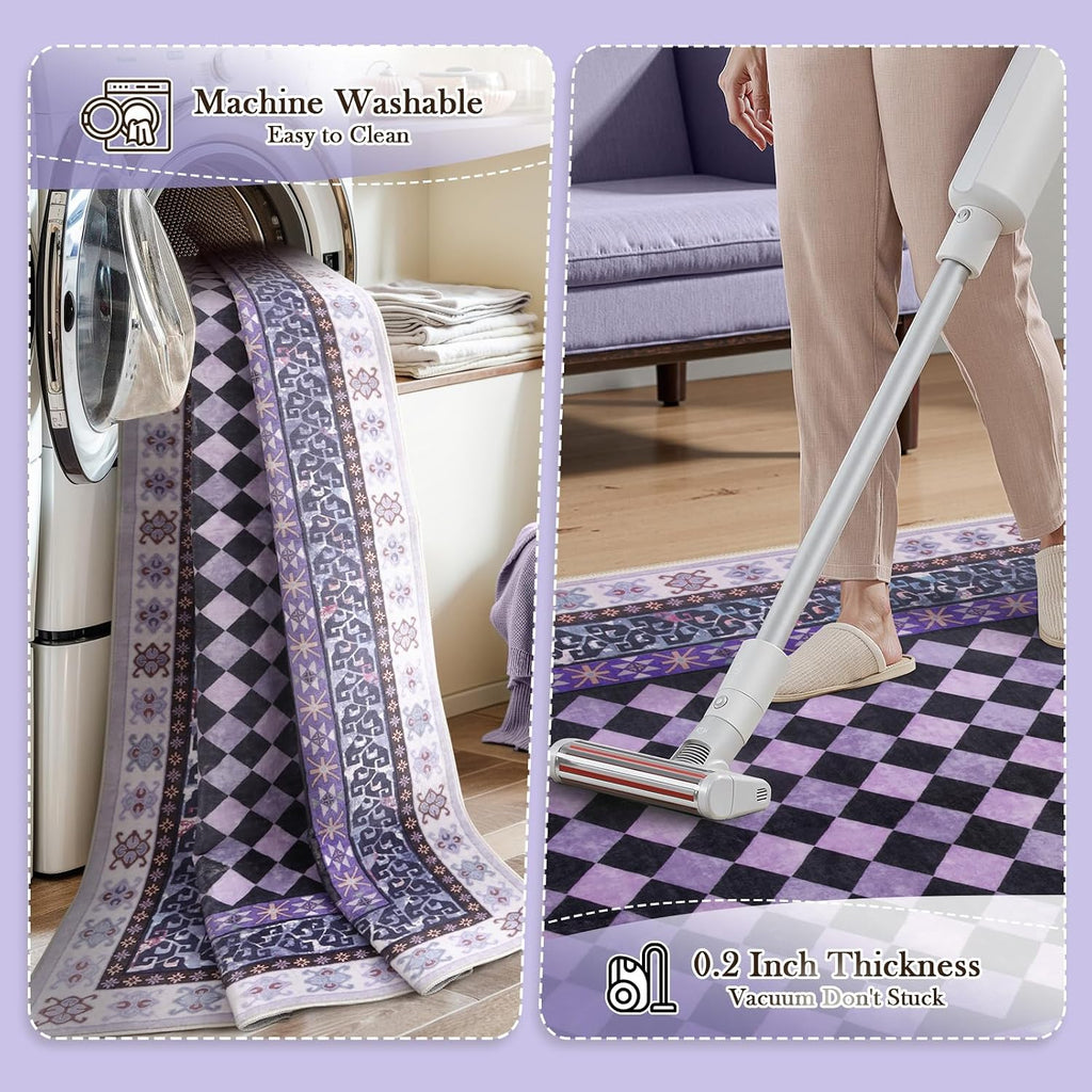 Washable Checkered Area Rugs, Non Slip Purple Trellis Living Room Rug, Low Pile Soft Funky Checked Throw Carpet
