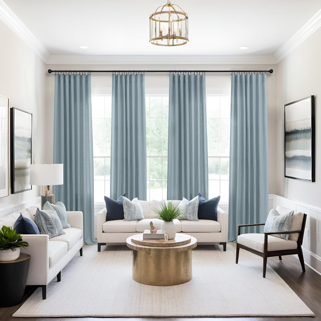 Blue Curtains 38 Inch Wide for Small Window 2 Panel Sets Rod Pocket Linen Blend Semi Sheer Cafe Tier Narrow Curtains
