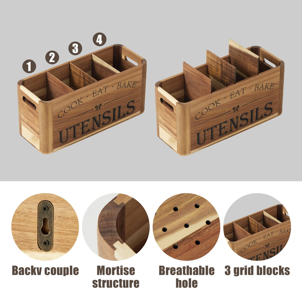 Utensil Holder Countertop - Extra Large 4 Compartment Wooden Organizer in Acacia Wood, Storage for Cooking Tools
