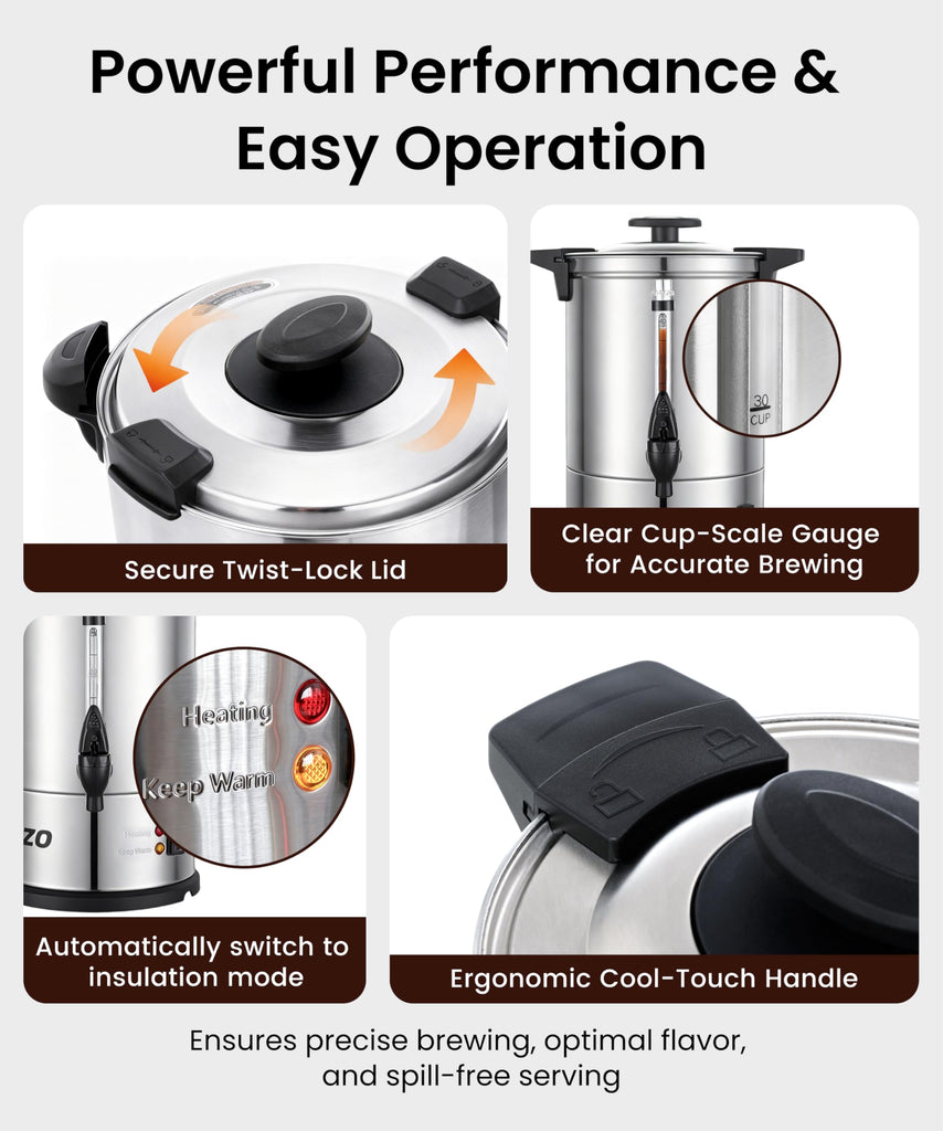 Commercial Coffee Maker 40-Cup Large Coffee Urn with Percolator Coffee Pot Electric 6L Stainless Steel Fast Brew Hot
