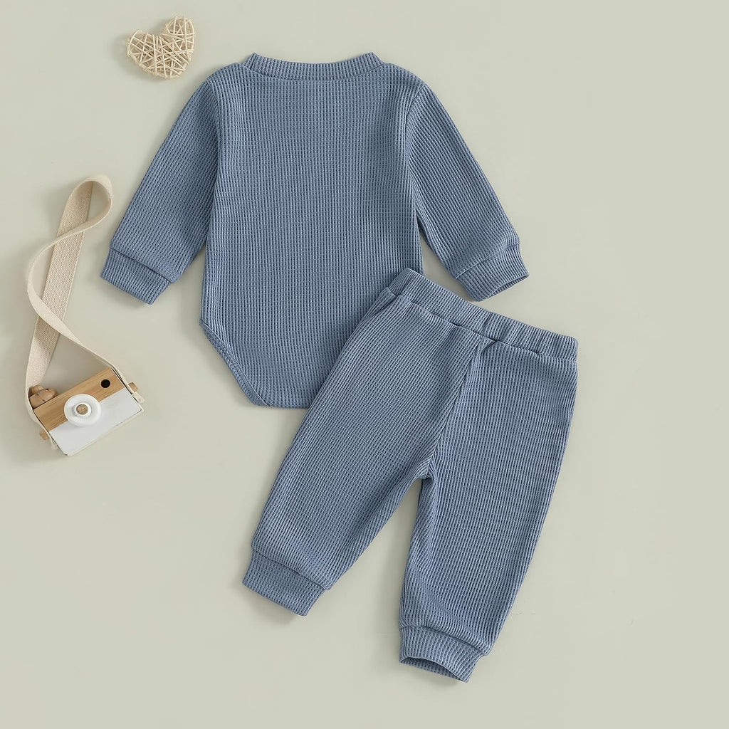 Newborn Baby Boy Clothes Waffle Letter Embroider Long Sleeve Romper Pullover Tops and Pants Sets Fall Winter Outfits