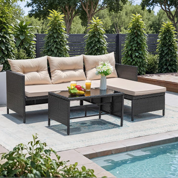 3 Piece Patio Furniture Set Outdoor Wicker Rattan Sectional Sofa with Cushions & Coffee Table for Yard, Garden