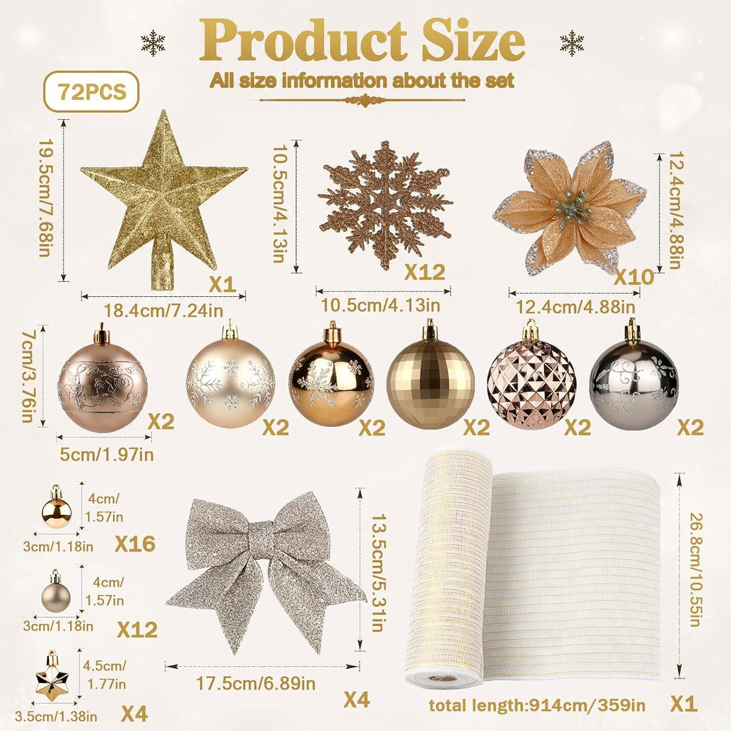 72Pcs Christmas Tree Ornaments Set, Champagne Gold Decoration