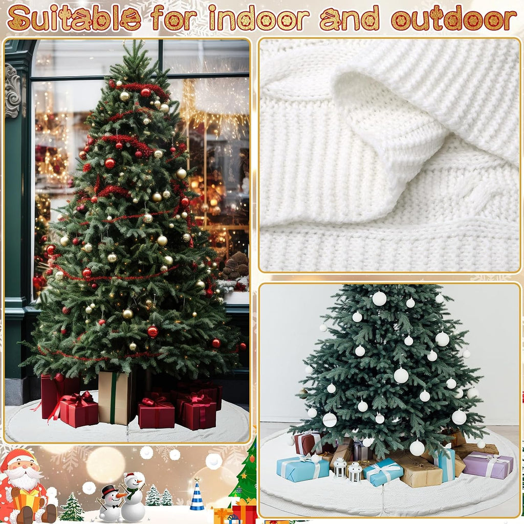 72 Inch Christmas Tree Skirt Extra Large White Chunky Xmas Knitted Tree Skirt Giant Cable Knit Thick Rustic Farmhouse