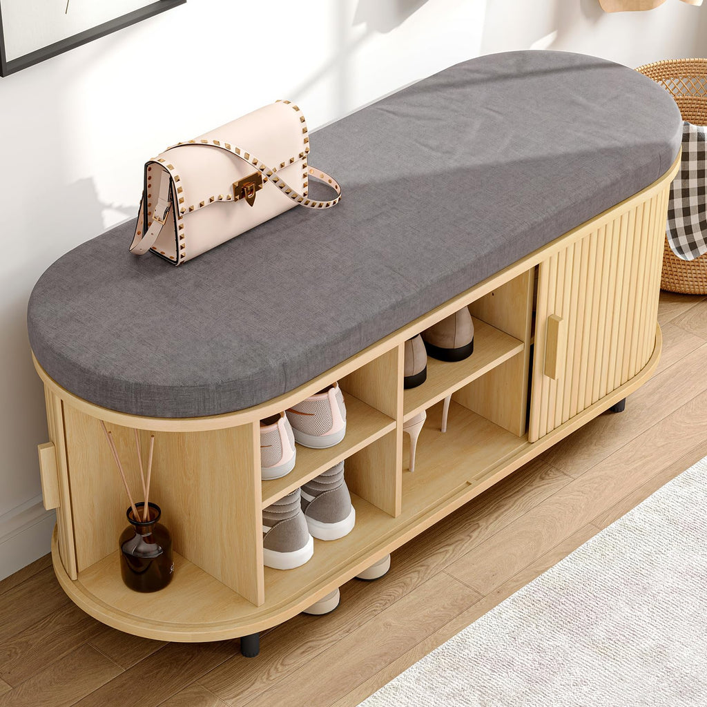 43" Shoe Bench with Storage, Fluted Shoe Storage Bench, Oak