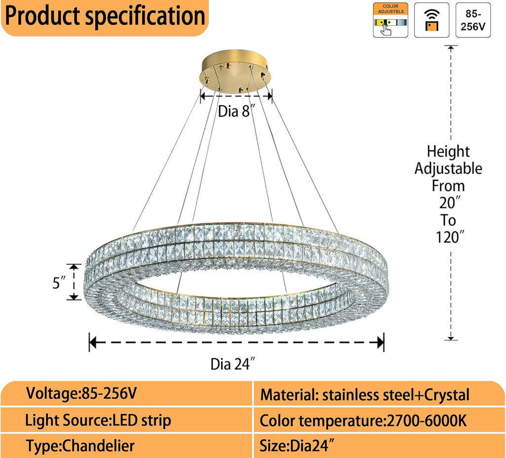 24" Gold Ring Crystal Chandelier, Modern Dimmable Chandeliers Lighting and Hanging Adjustable, LED Round Ceiling Light Fixtures for Dining Room Living Room A122-B0CHMD478Z