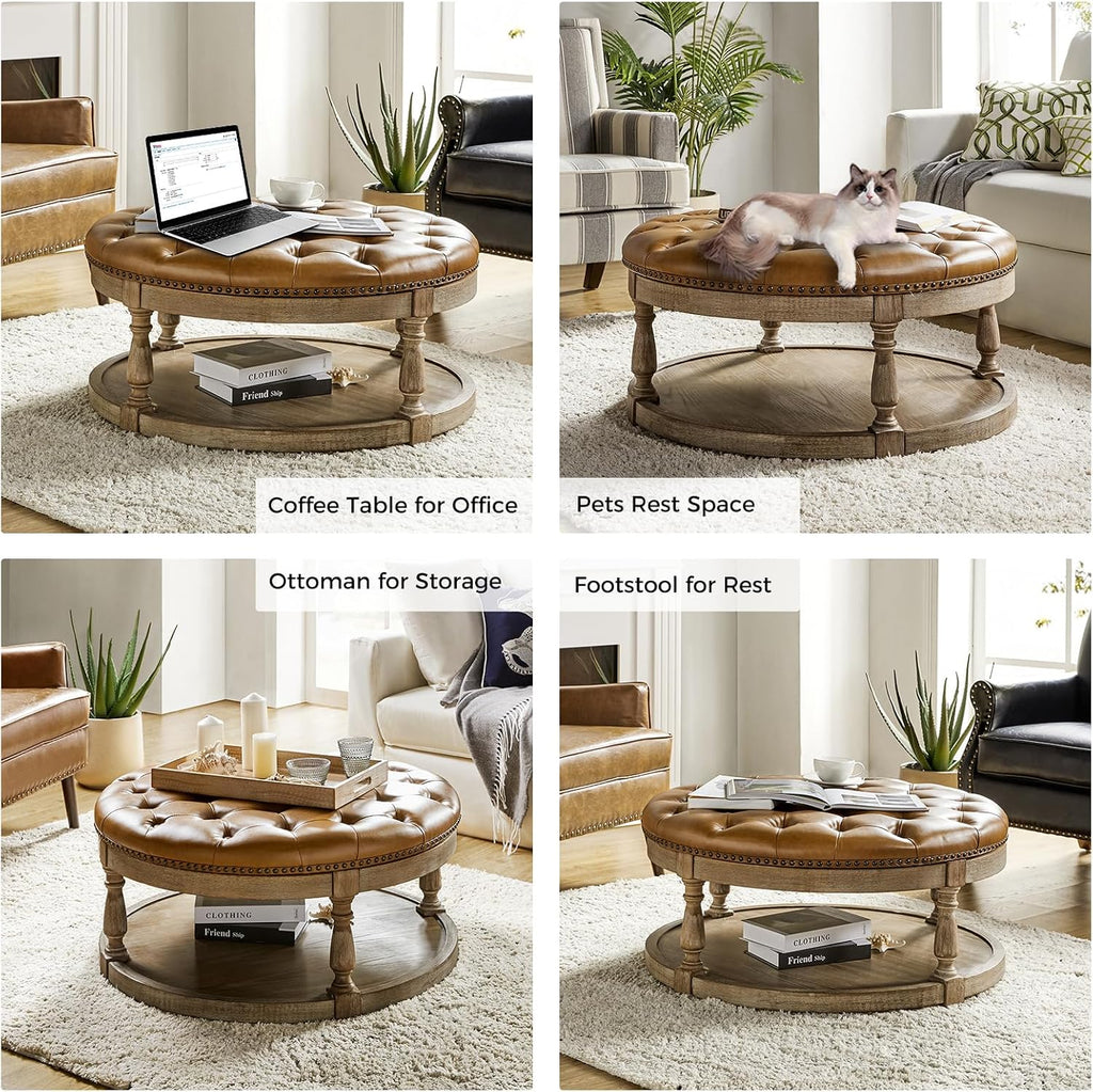 Faux Leather Ottoman Coffee Table , Large Round Button Tufted Cocktail, Upholstered Footrest Storage Ottoman with
