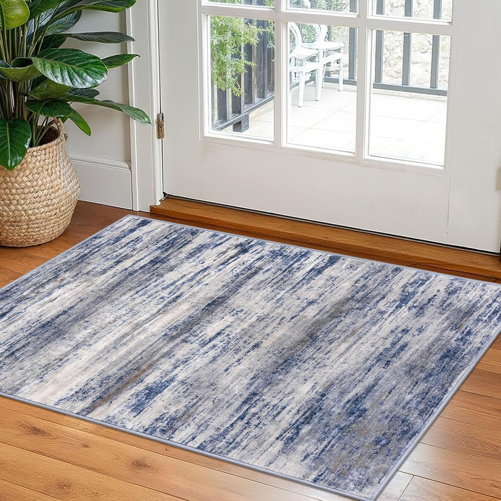 2x3 Washable Abstract Entryway Rug, Low Pile Non-Slip Carpet for Bathroom Kitchen Grey Blue