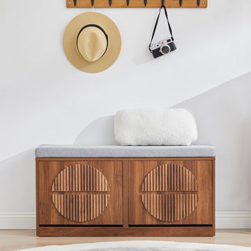 Narrow Shoe Storage Bench, Wooden Shoe Cabinet with Flip Drawers& Adjustable Shelves, Shoe Rack Bench with Cushion