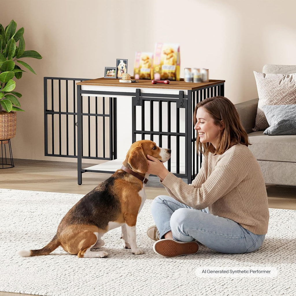 Dog Crate Furniture with Sliding Barn Door, Dog Kennel Indoor for Small/Medium Dogs, Heavy Duty Dog Cage with 2