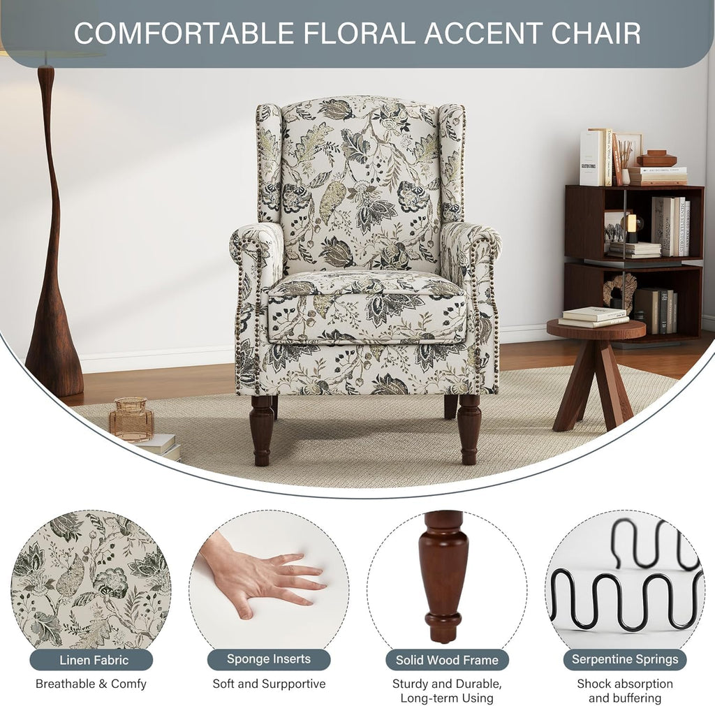 Floral High Back Accent Chairs Set of 2, Wingback Armchair in Fabric | Printed Upholstered Reading Seat with