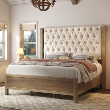 Solid Wood Queen Bed Frame, 57" Tall Farmhouse Platform Beds, Upholstered Line Wingback Headboard, Deep Button