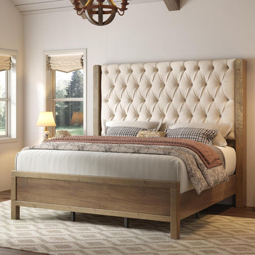 Solid Wood King Bed Frame, 57" Tall Farmhouse Platform Beds, Upholstered Line Wingback Headboard, Deep Button Tufted