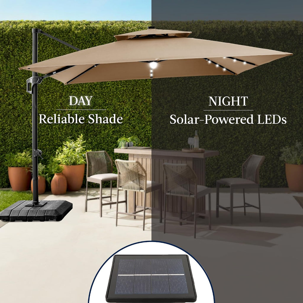 12x12ft LED Cantilever Patio Umbrella w/Base Included & 360° Rotation - Tan