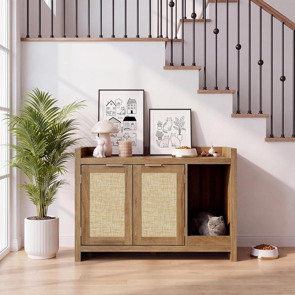 Cat Litter Box Enclosure, Modern Rattan Hidden Litter Box Furniture