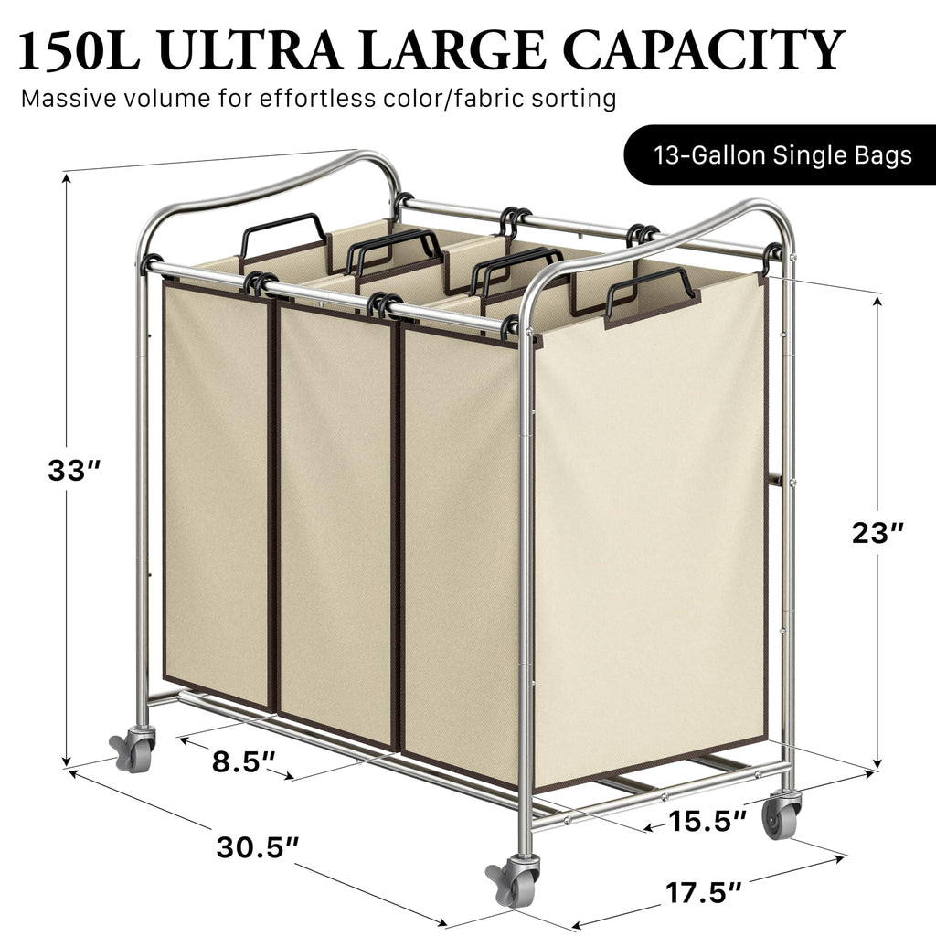 Heavy Duty 3-Bag Laundry Sorter Rolling Cart, Chrome