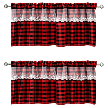 Red Buffalo Plaid Valance 52x16 Inch, Red and Black Buffalo Check Lace Window Curtain Tier Living Room Bathroom