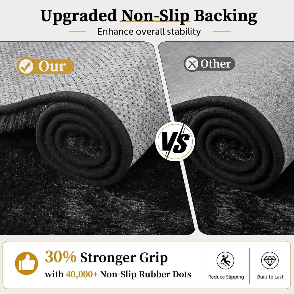 Fluffy Shag Area Rug Living Room Bedroom Washable Black