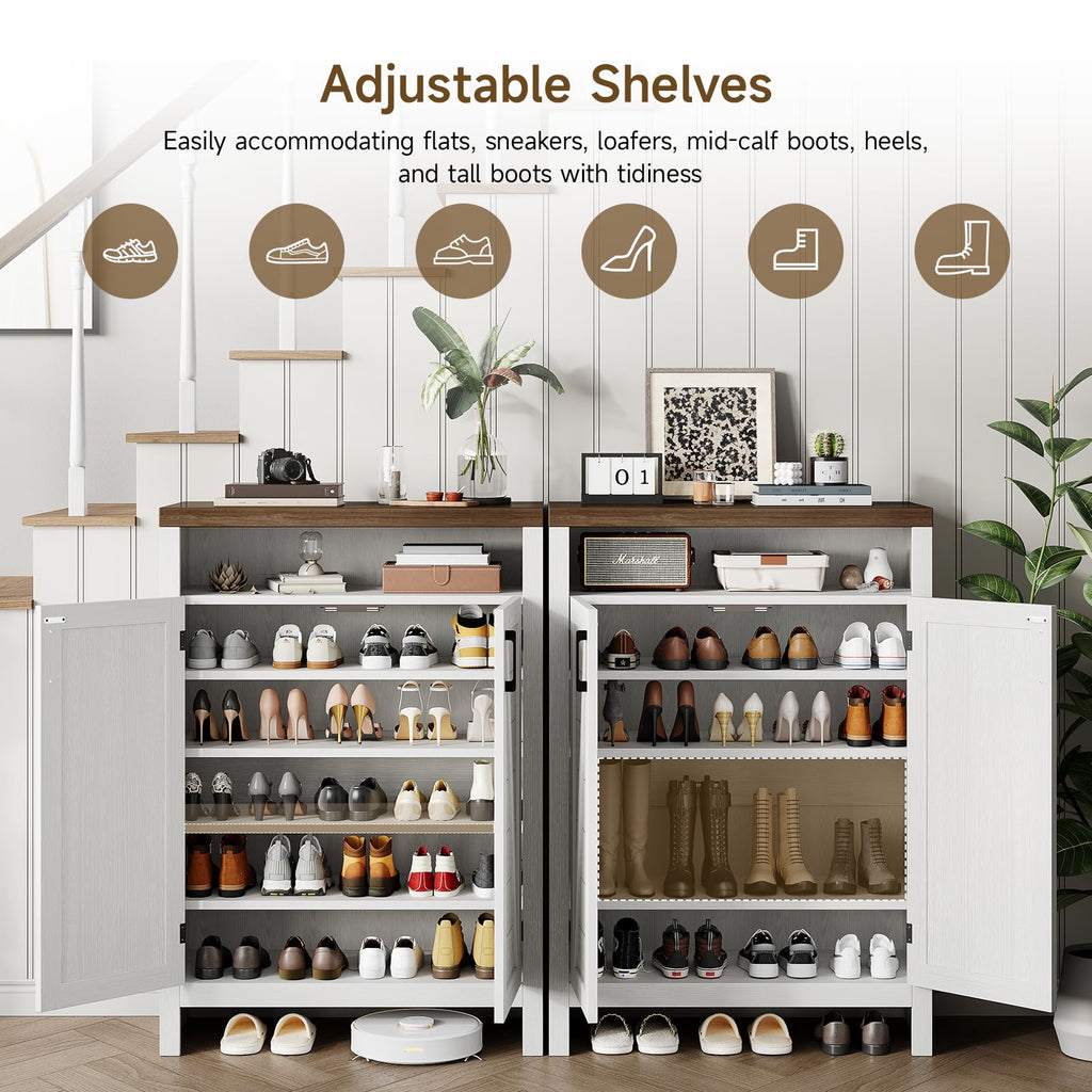6-Tier Shoe Cabinet with Doors, Farmhouse Shoe Storage Cabinet, White