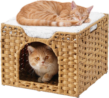 Cat Beds Indoor Kitten House, PE Rattan Cat Cave, Natural