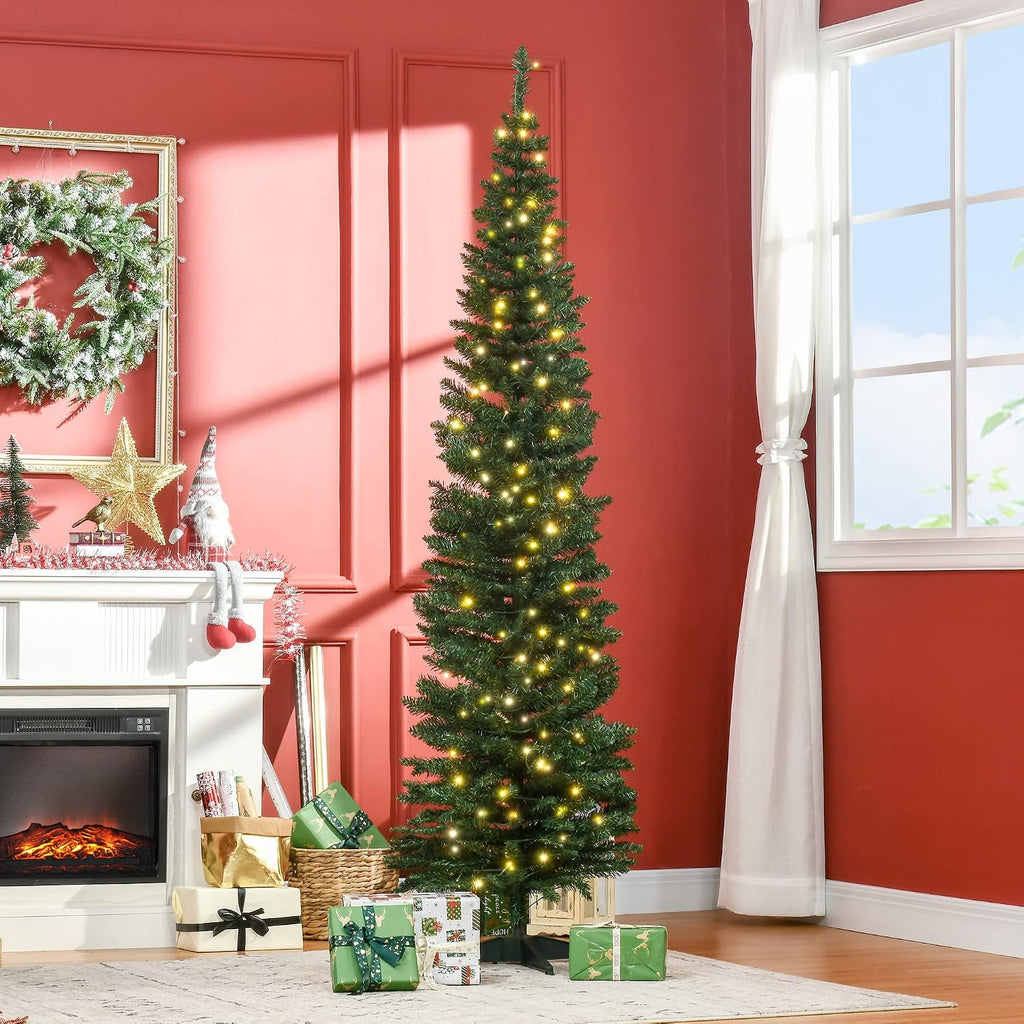 7' Tall Pre-Lit Slim Noble Fir Artificial Pencil Christmas Tree with 200 Warm White LED Lights and 499 Tips, for