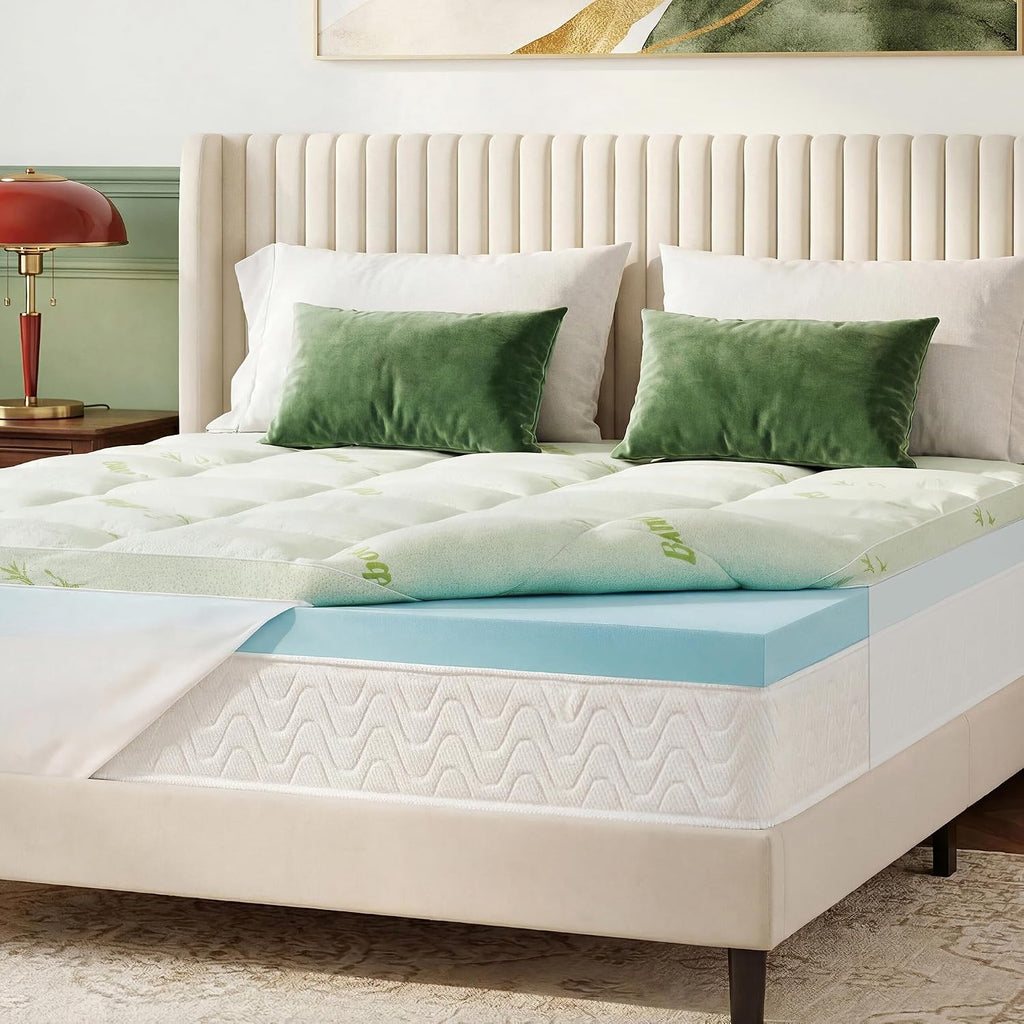 Queen Memory Foam Mattress Topper, 4 Inch Dual Layer Gel Foam Mattress Pad with Soft Pillow Top Cover, Viscose Made