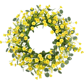 22" Daisy Eucalyptus Wreath for Front Door, Artificial Spring Summer Floral Wreath for Front Door, Home Farmhouse
