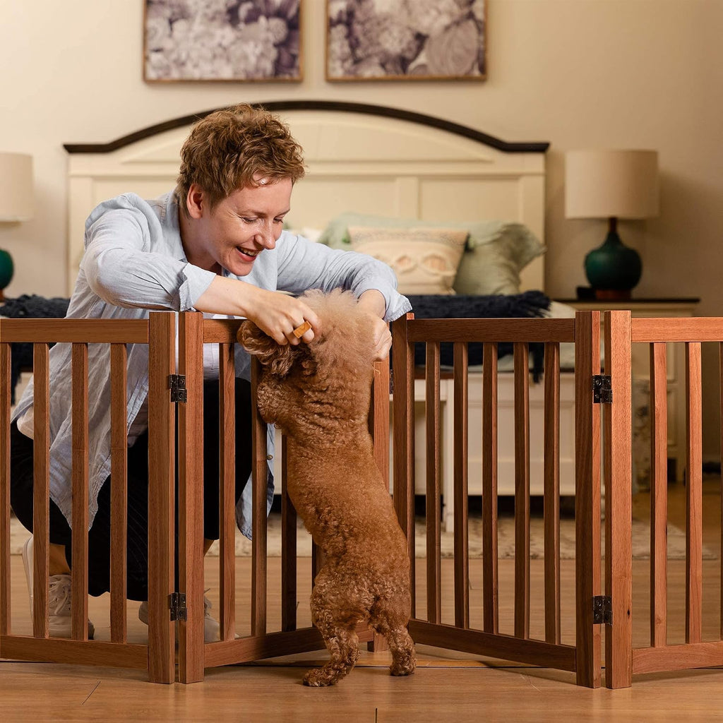 Wooden Free Standing Dog Gate 80" W x 24" H, Foldable Solid Hardwood Pet Safety Fence Doorways, Stairs, Hallways