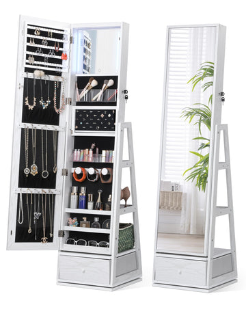 360° Swivel Jewelry Cabinet with Lights, Full Length Mirror, Lock